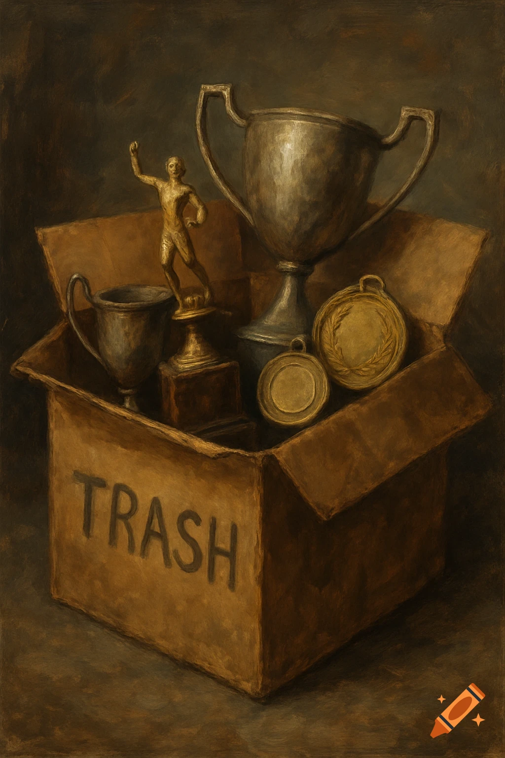 Still life painting of trophies and medals in a cardboard box labeled TRASH