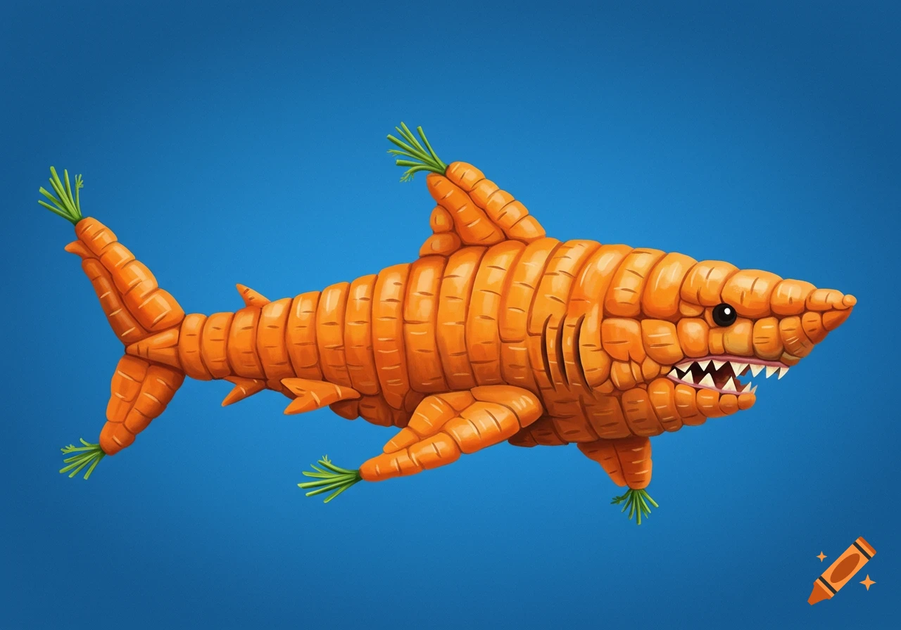 An illustration of a shark made entirely out of carrots against a blue background.