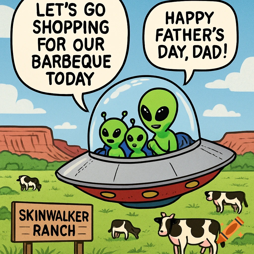 Cartoon of alien family in UFO over Skinwalker Ranch with cows and speech bubbles.