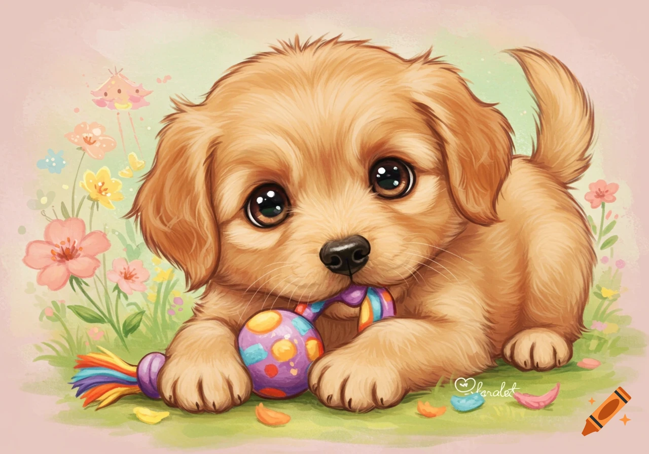 Cute golden retriever puppy playing with a toy in a flower garden, illustration style.