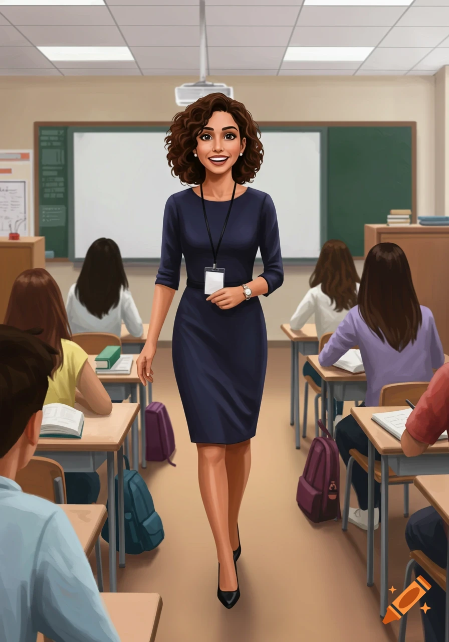 Illustration of a teacher walking down the aisle in a classroom with students.