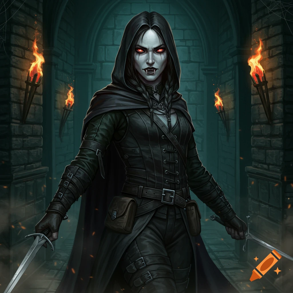 Gothic vampire rogue character drawing standing in a dungeon hallway holding daggers.