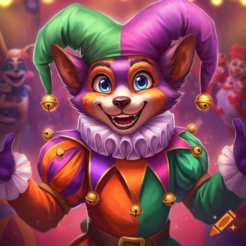 A furry fox-like character dressed as a colorful jester smiles with arms raised, in a cartoon style.