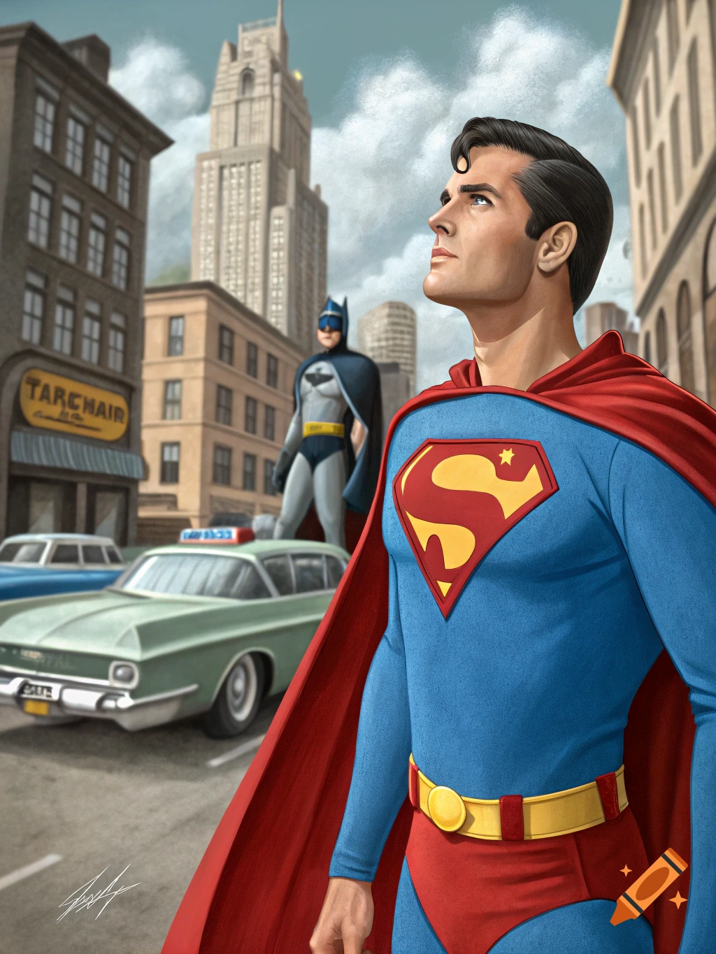 Superman stands in the foreground looking up, with Batman standing in the background on a city street with a police car and buildings.