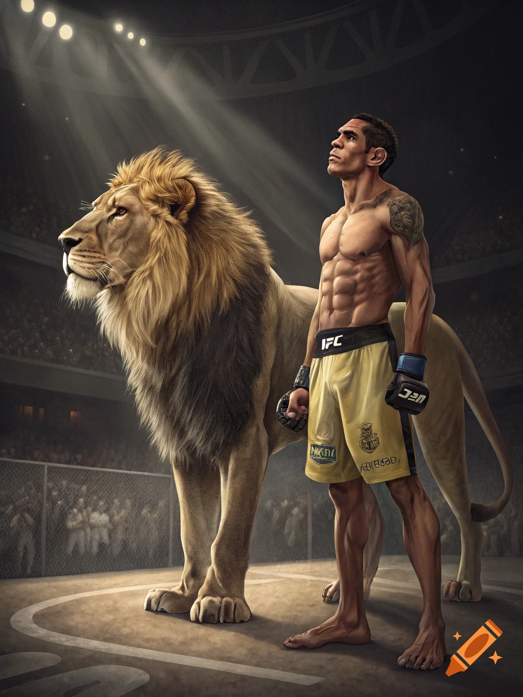 MMA fighter Charles Oliveira stands with a lion in an octagon.