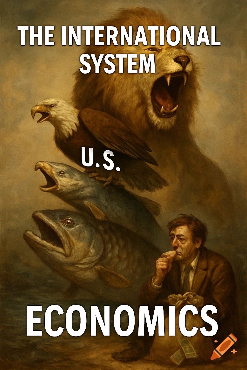 Painting of animals and man with text about international economics