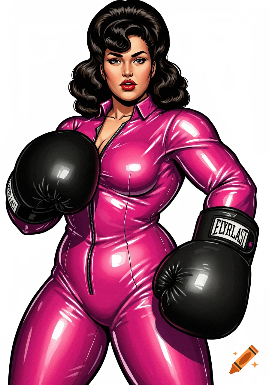 A stylized illustration of a woman in a shiny pink suit and black boxing gloves.