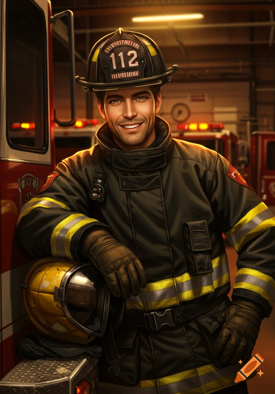 Smiling male firefighter in uniform stands by a fire truck