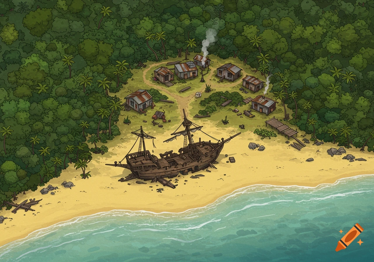 Illustrated aerial view of a tropical beach with a shipwreck and a shanty town.