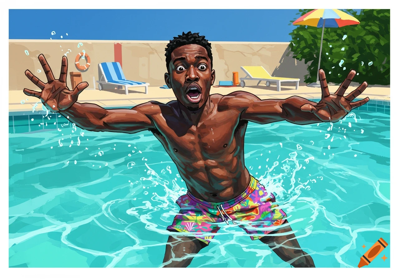 A man with scared expression and outstretched hands struggles in a swimming pool. Illustration.