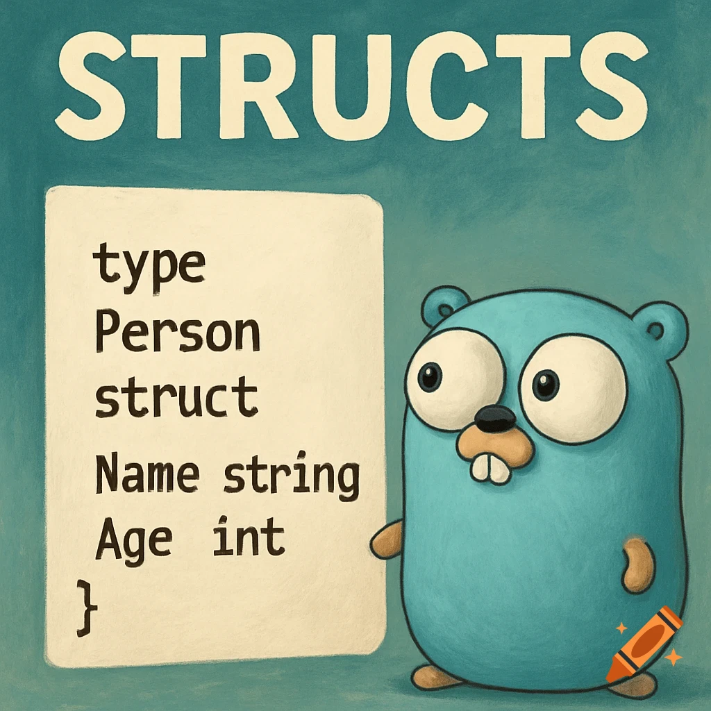 Illustration of the Go gopher next to code for a struct, with the title STRUCTS.