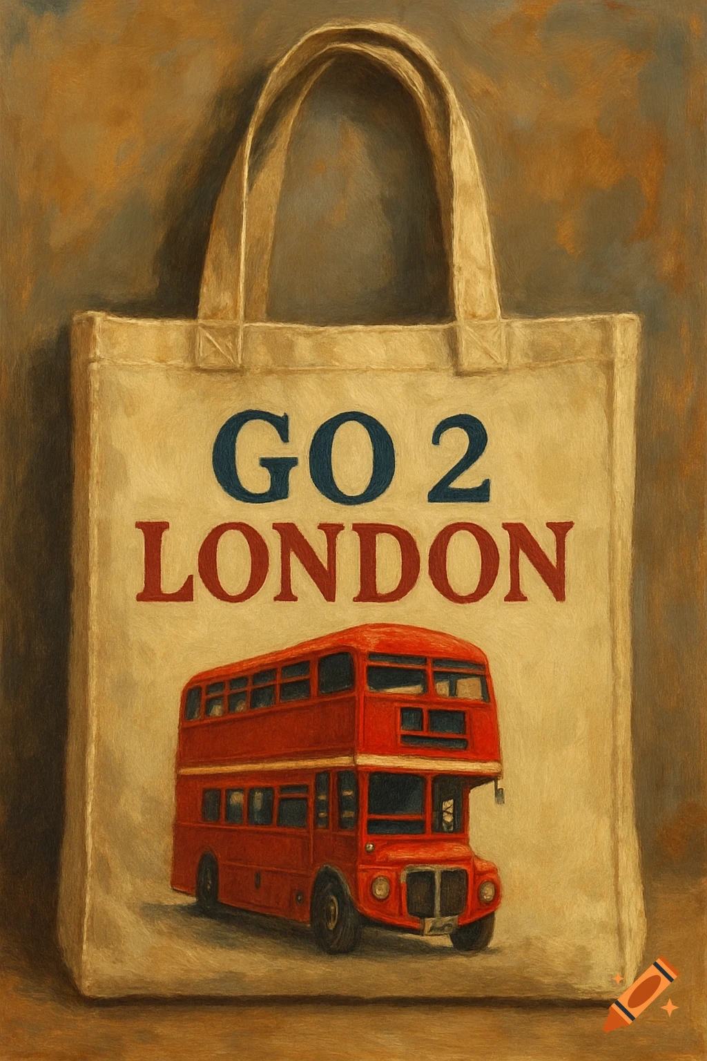 A painted image of a tote bag with 'GO 2 LONDON' text and a red double-decker bus.