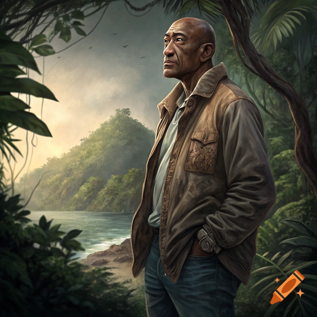 Portrait of a man in a leather jacket looking into the distance in a dense jungle setting