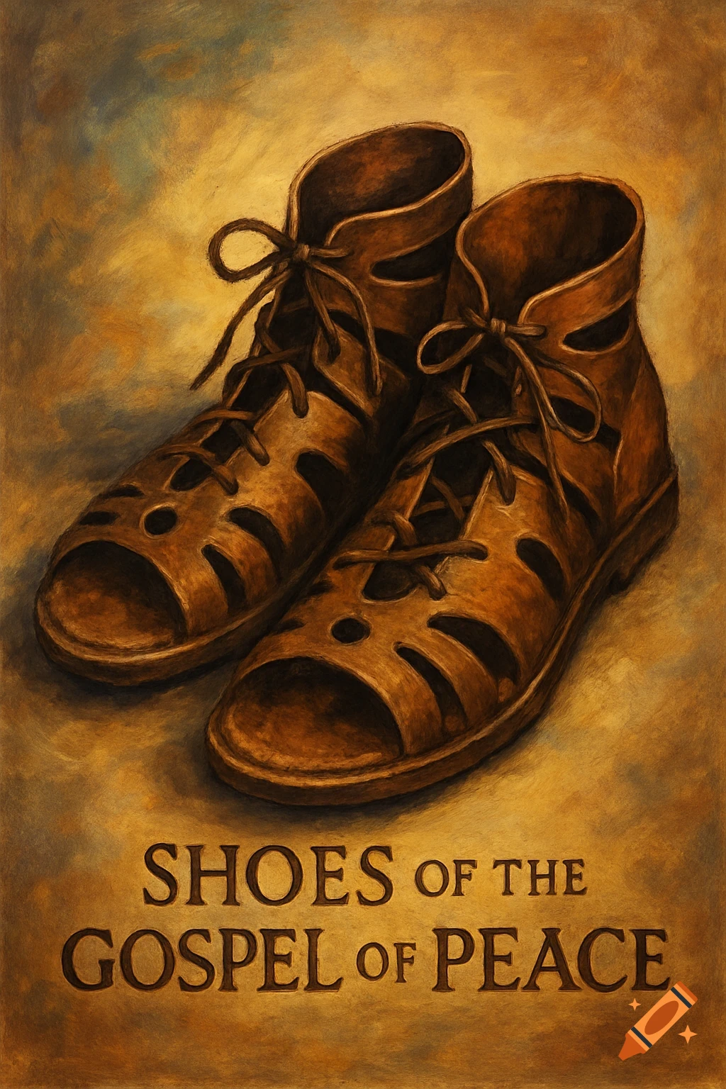 A pair of ancient brown sandals with laces, rendered in a painting style, with the text 'SHOES OF THE GOSPEL OF PEACE' below.