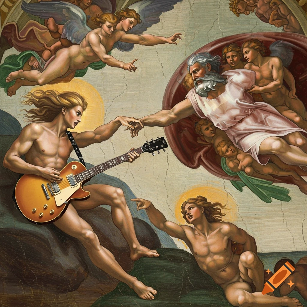 Parody of The Creation of Adam with Adam holding an electric guitar, painted in a fresco style.
