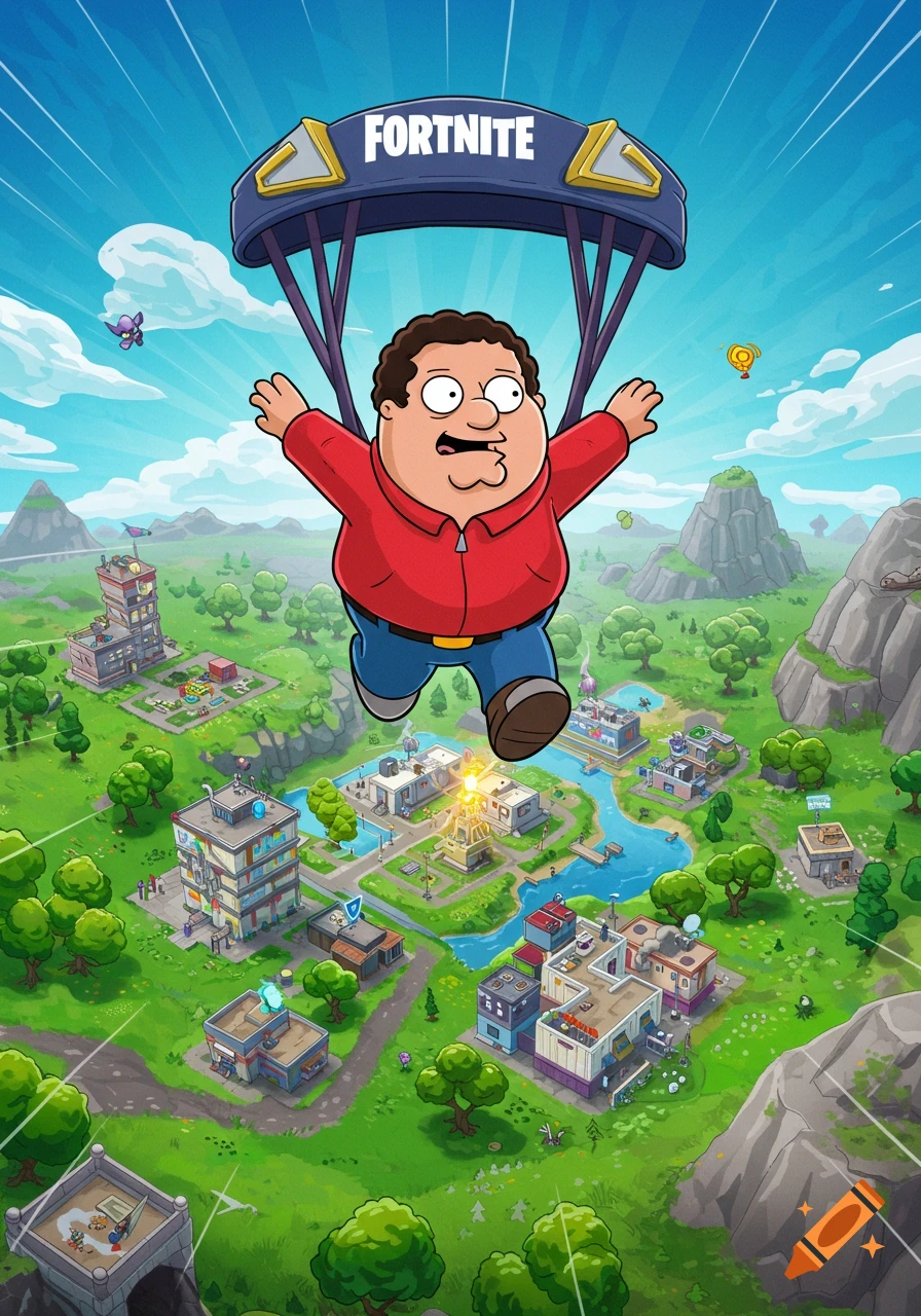 Cartoon character resembling Peter Griffin paragliding with a Fortnite parachute over a landscape.