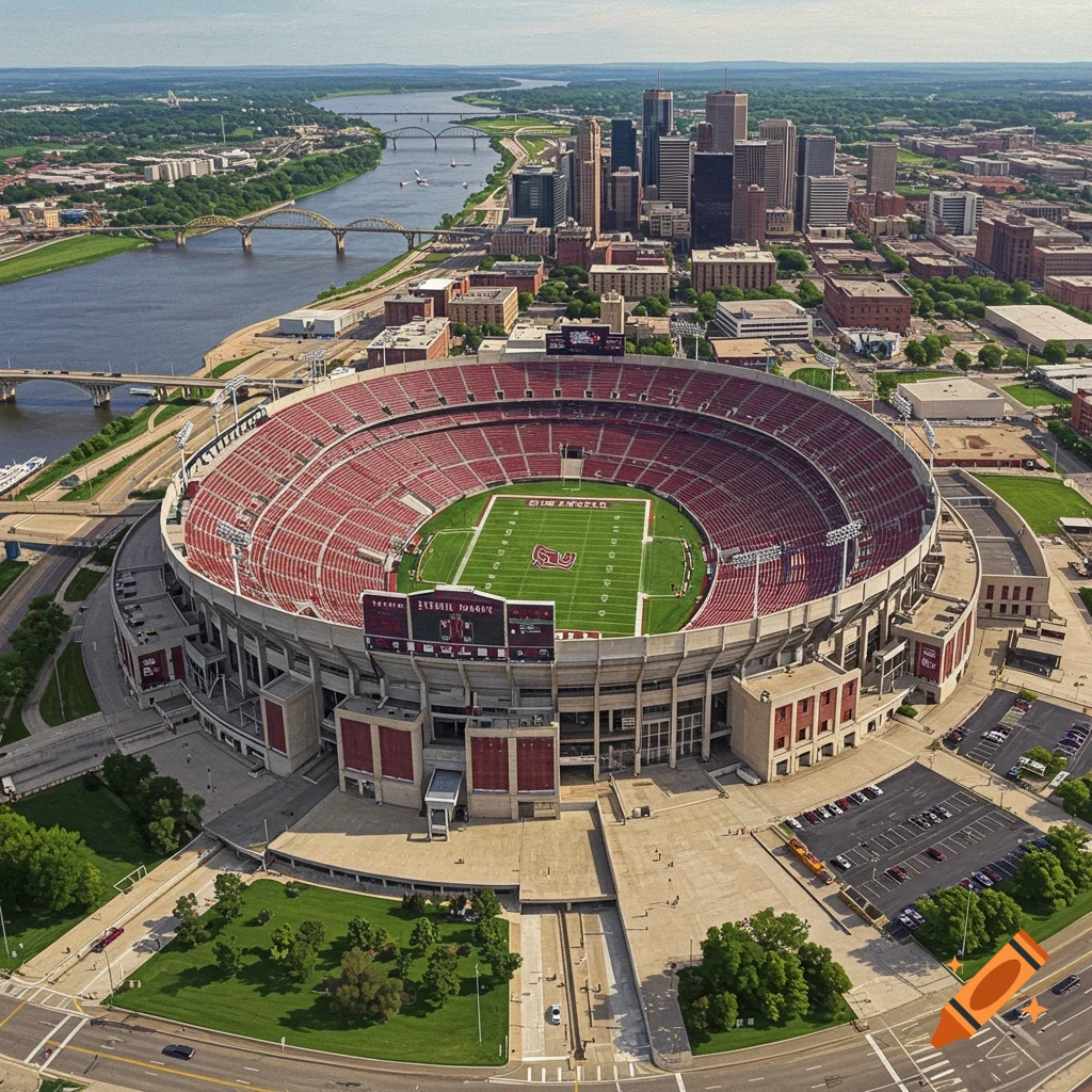 Aerial view of a large football stadium next to a river and city skyline under a clear sky.
