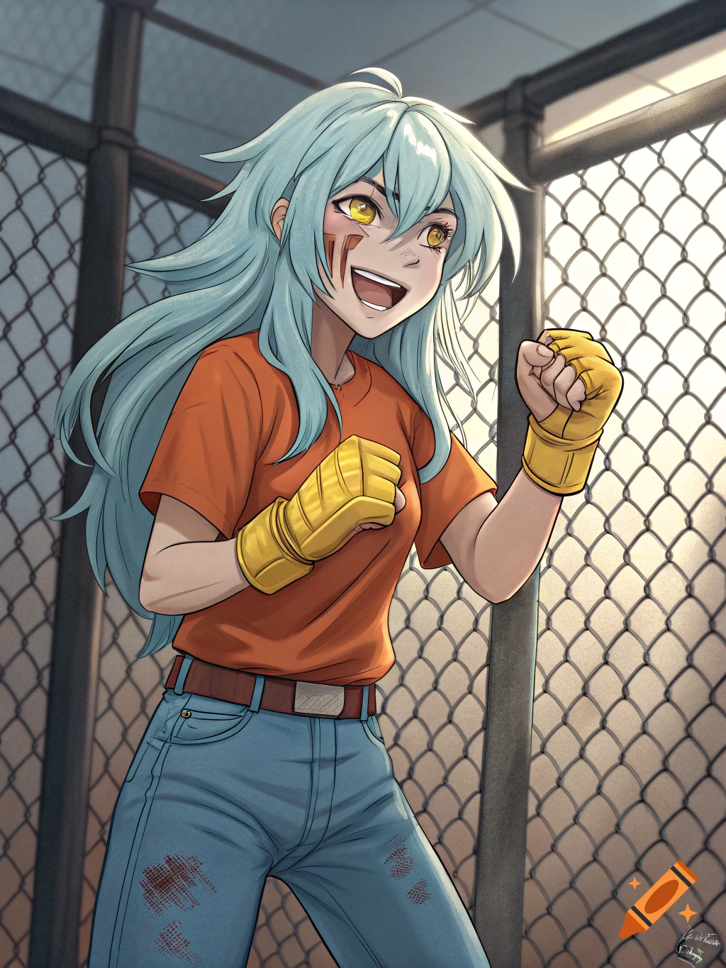 Anime woman with blue hair and yellow eyes, wearing orange shirt and yellow gloves, smiling in a fighting cage.