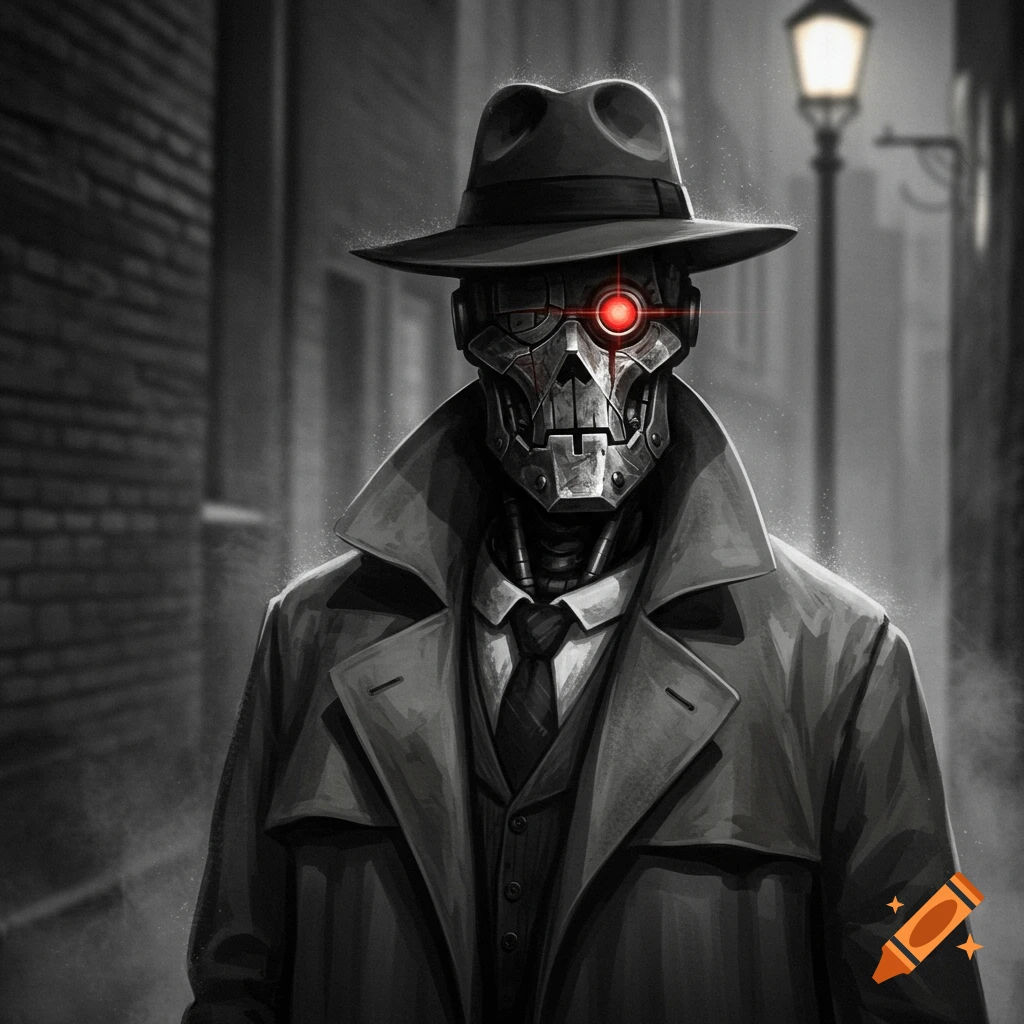 Greyscale illustration of a robot detective in a trench coat and fedora in a dark alley.