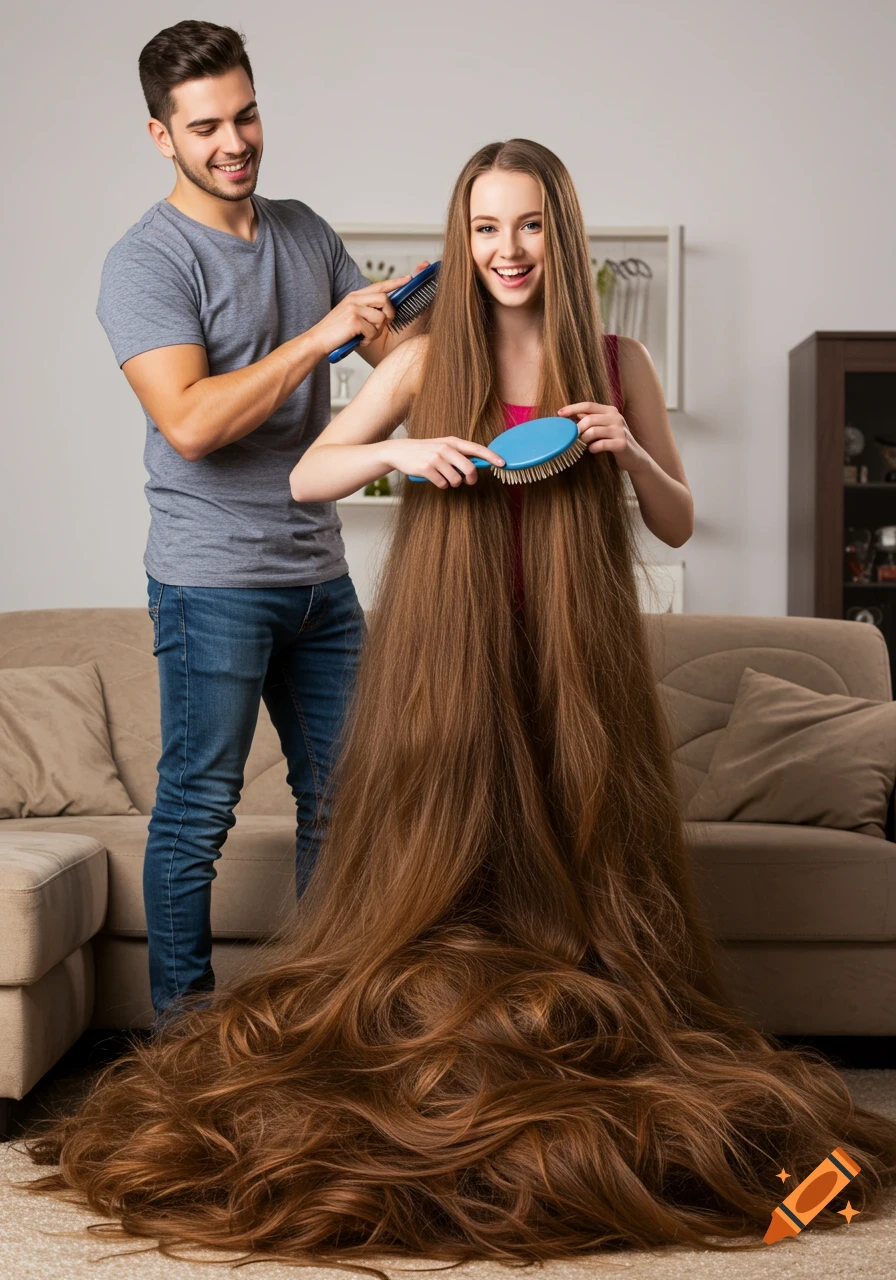 A man helps a woman brush her extremely long hair in a living room.