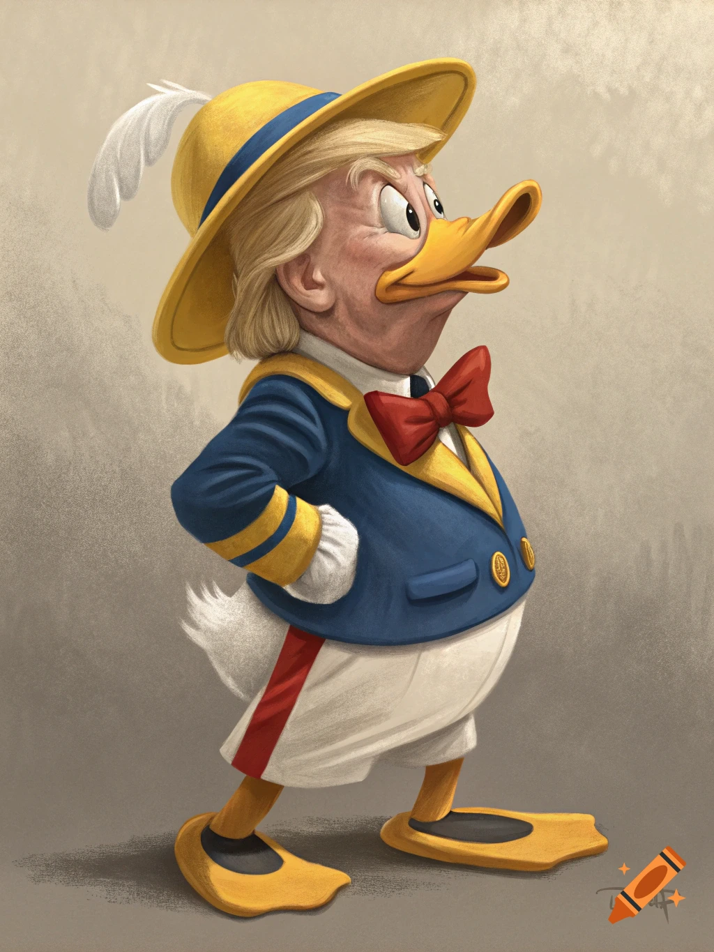 A full body painted caricature shows Donald Trump with a duck face and body wearing Donald Duck's sailor suit and hat.
