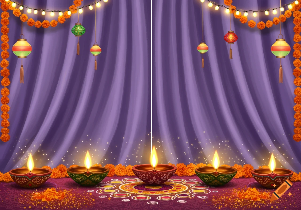 Diwali decor with marigold garlands, lanterns, and diya lamps against purple curtains.