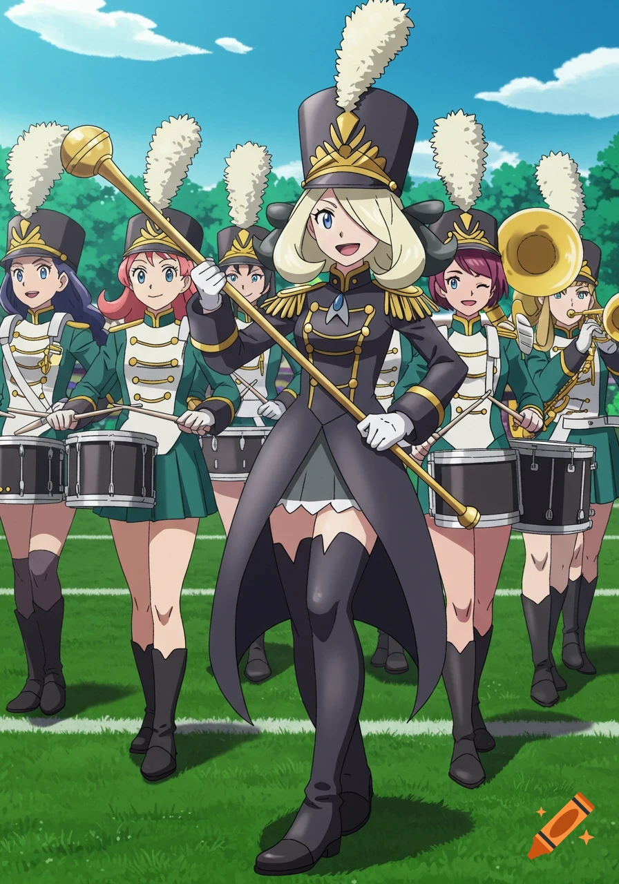 Cynthia leads an all-women Pokemon marching band in green and white uniforms on a grassy field in anime style.