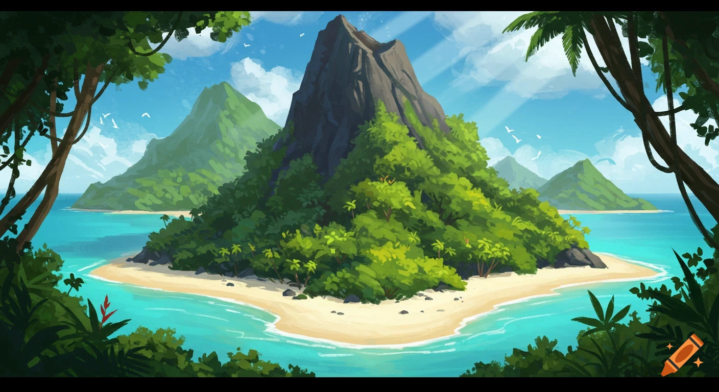 Stylized illustration of a tropical island with a sandy beach, blue water, and a rocky jungle mountain.