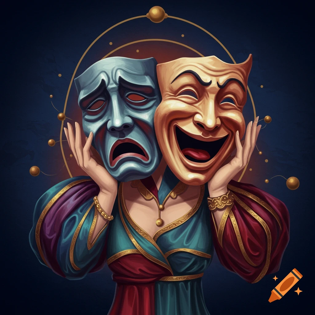 Artistic illustration of a person holding comedy and tragedy theatre masks.