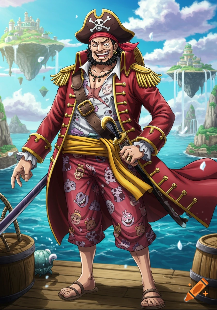 Anime style pirate captain on a ship deck with floating islands in the background.