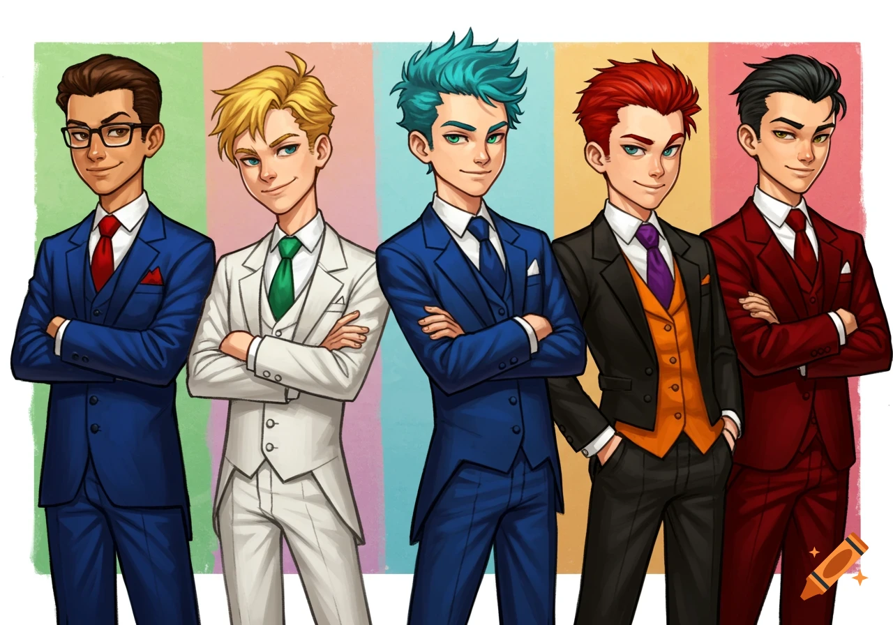 Anime-style illustration of five boys in suits standing side by side.