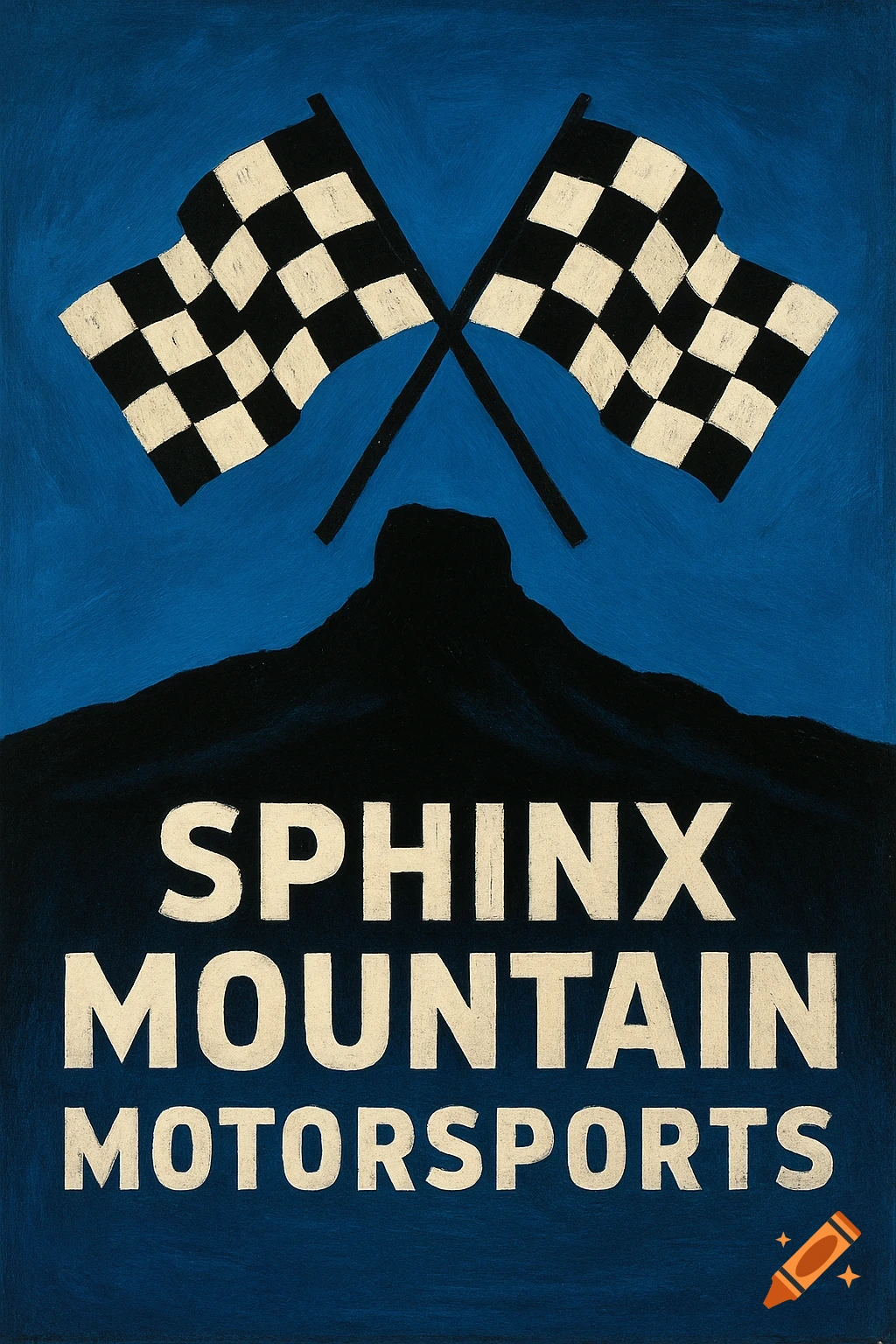 Design with crossed racing flags above a mountain silhouette and 'SPHINX MOUNTAIN MOTORSPORTS' text on blue background.
