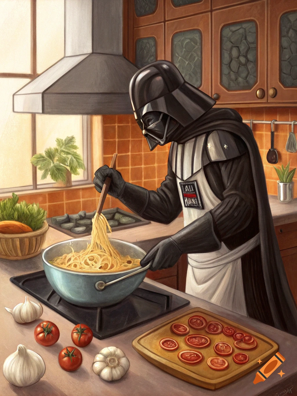 Darth Vader cooking pasta in a kitchen