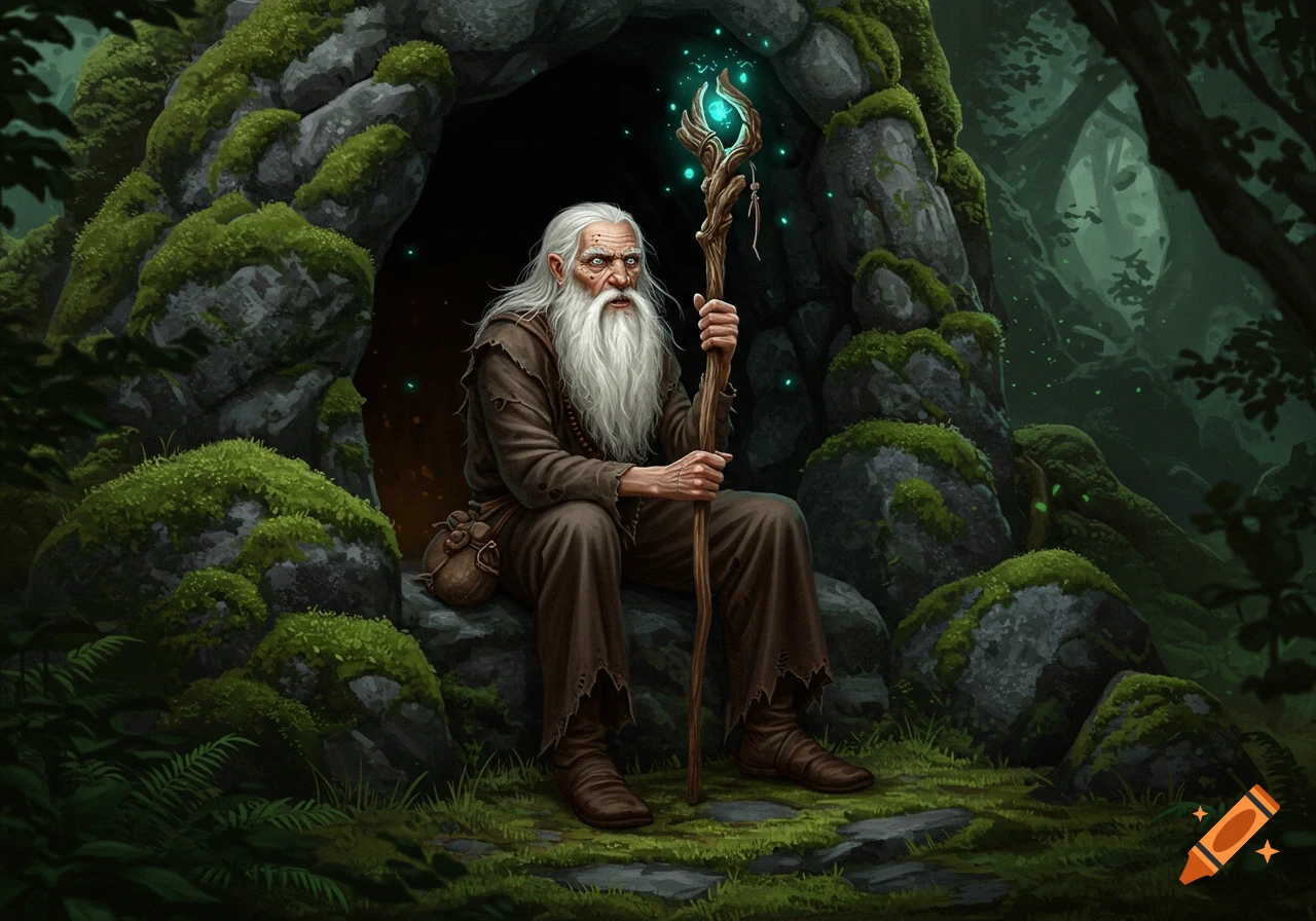 An old wizard with a long beard sits outside a mossy forest cave ...