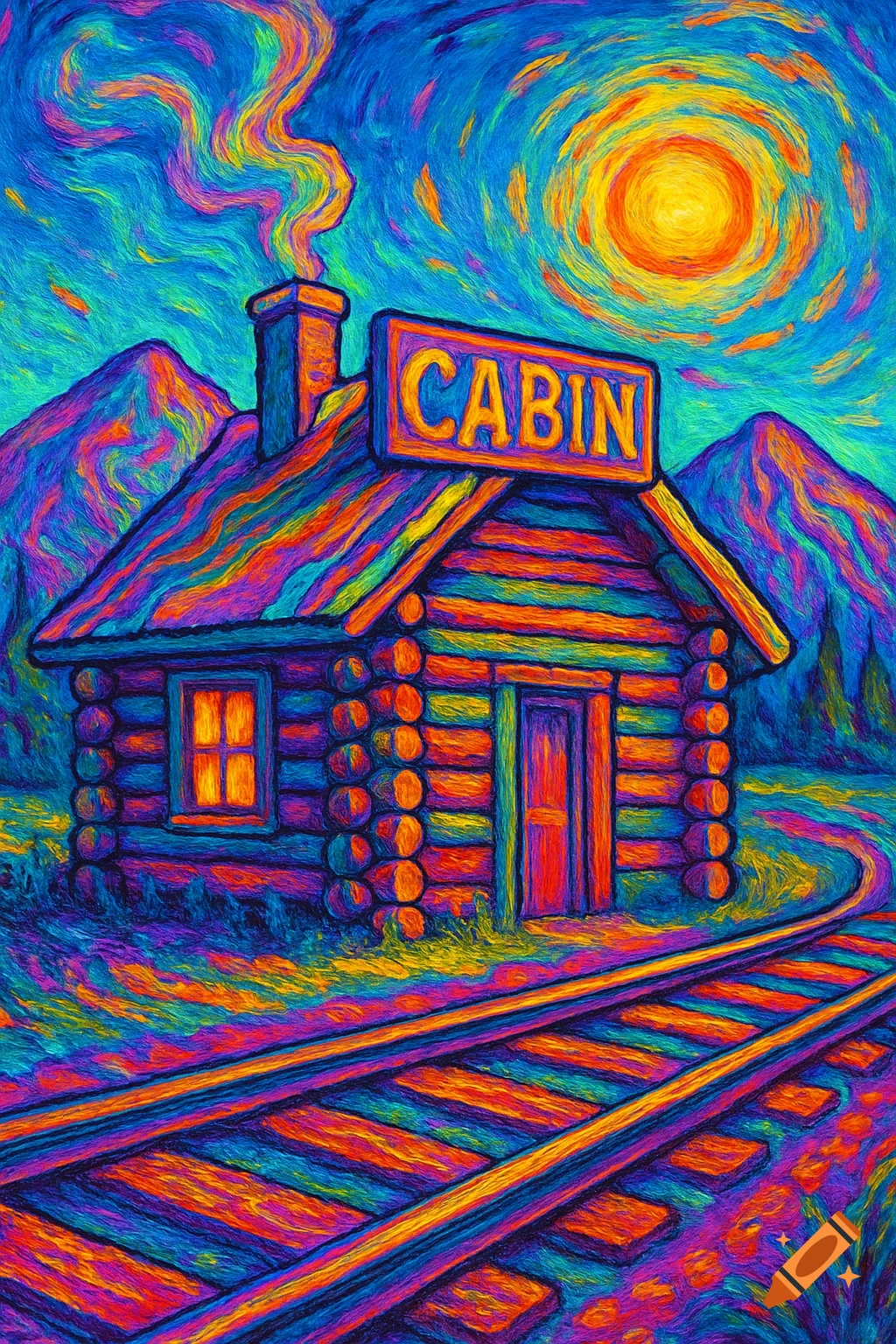 Psychedelic painting of a log cabin with a sign reading CABIN, train tracks, mountains, and a swirling sun.
