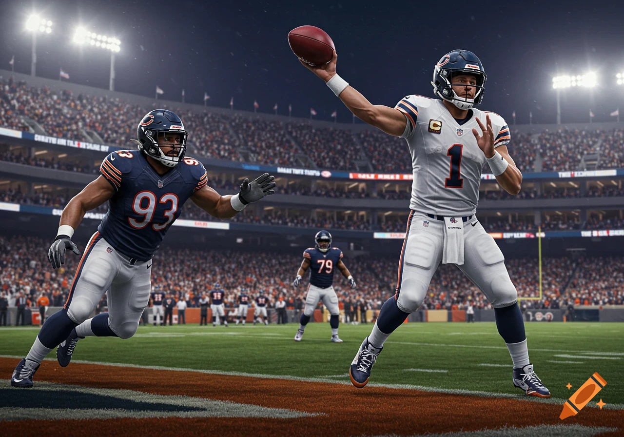 Football player throwing pass in a stadium as opponent rushes, players wear Chicago Bears uniforms.