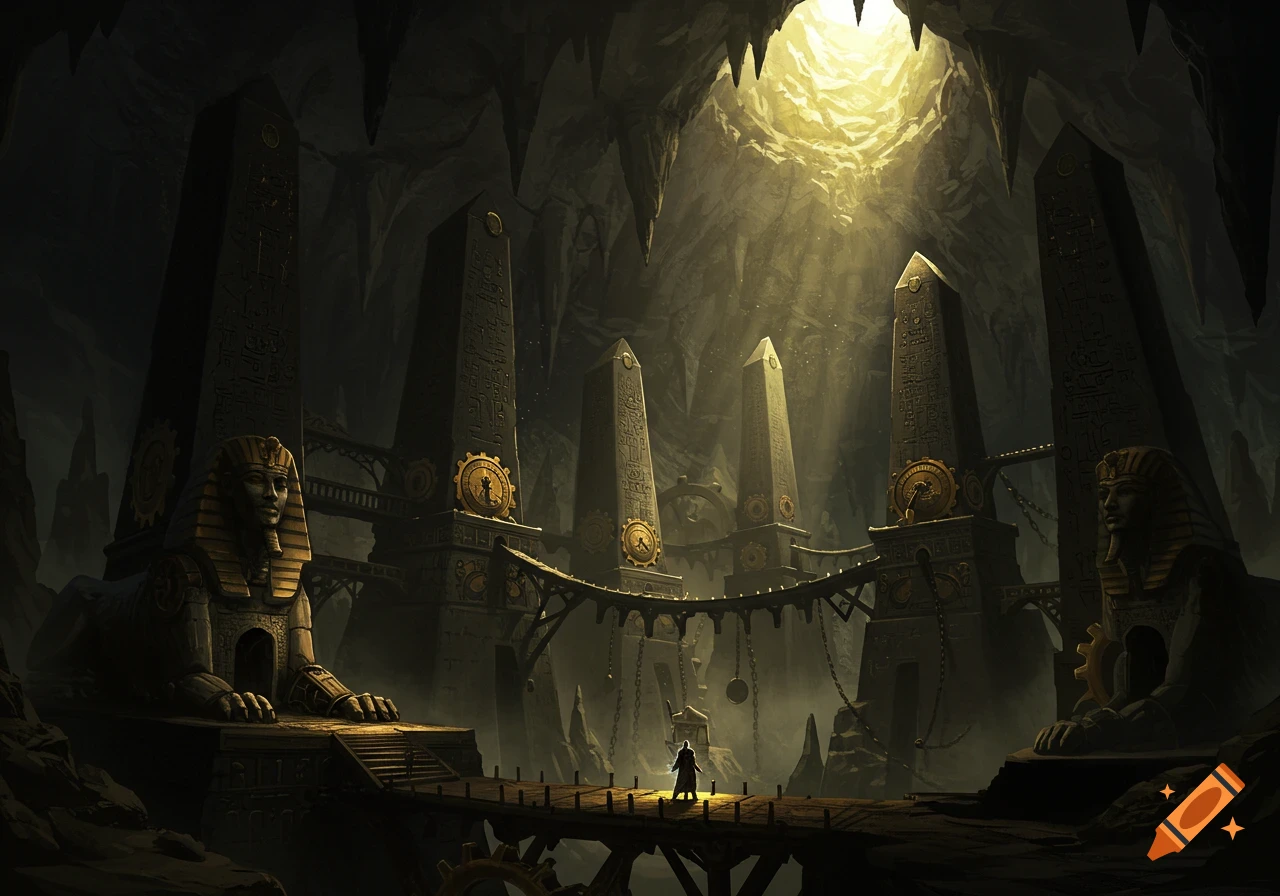 A large dark cavern with glowing light. Egyptian-style stone obelisks and sphinxes with clockwork gears are connected by bridges. A figure stands on a bridge.
