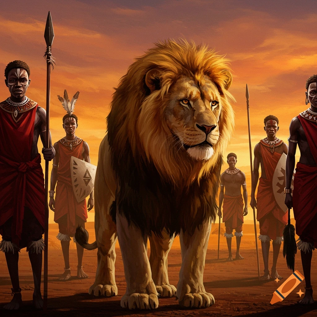 A large lion stands before African warriors holding spears and shields at sunset, digital art.