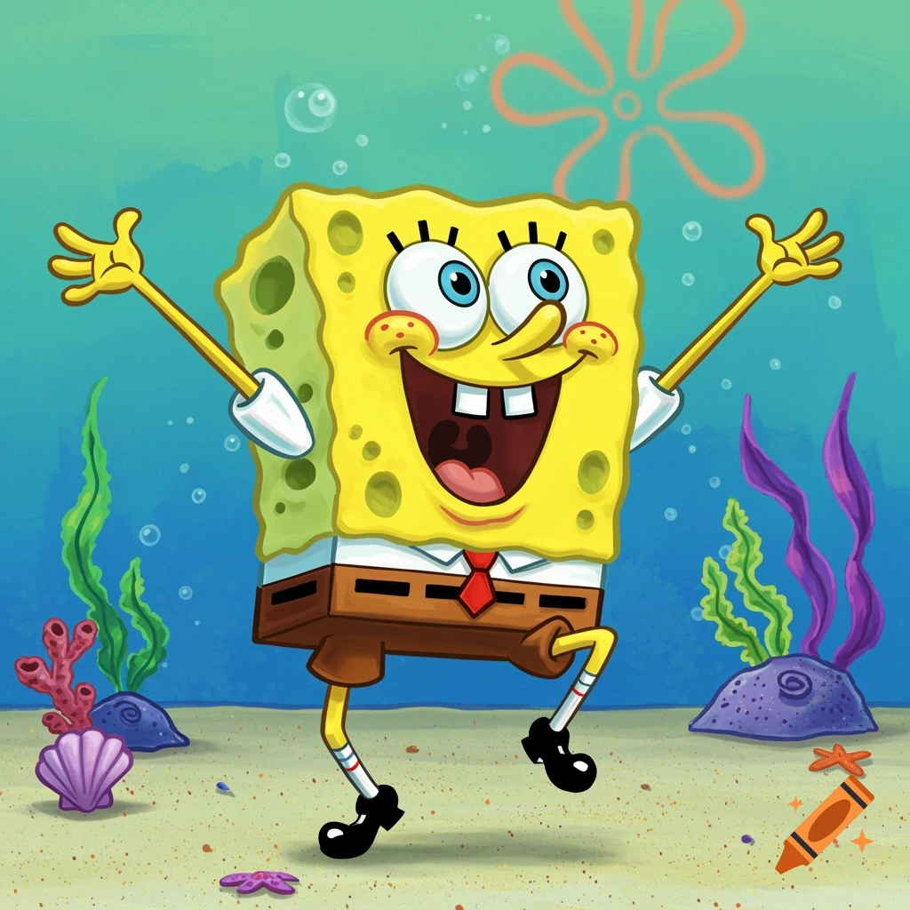 Spongebob Squarepants dancing happily underwater.