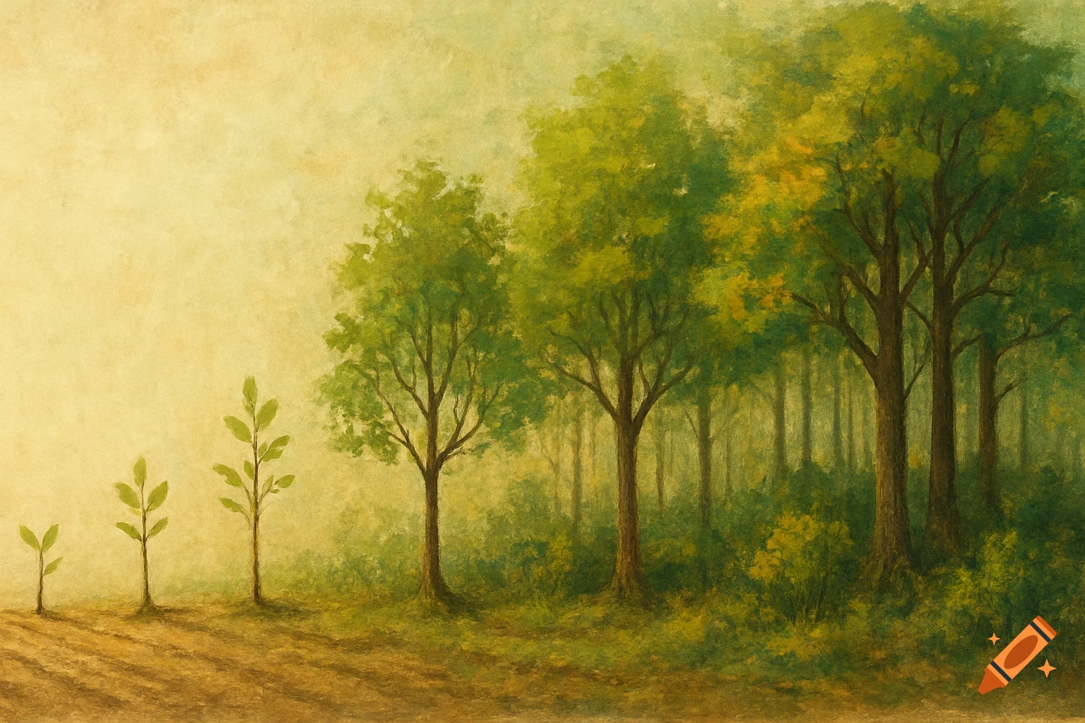 Artistic rendering of trees growing over time, from sapling to mature forest.