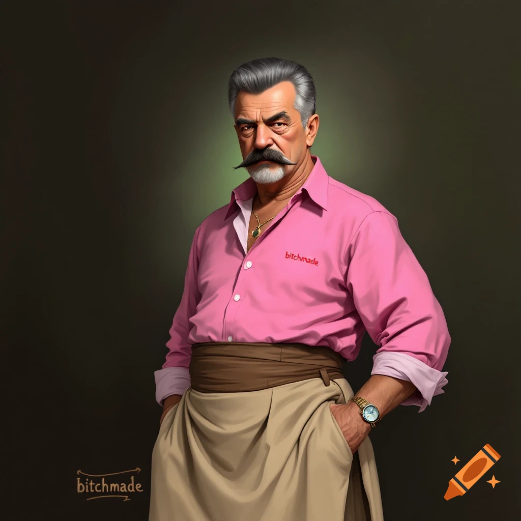 Portrait of a man resembling Joseph Stalin wearing a pink shirt and skirt with 'bitchmade' on the shirt.