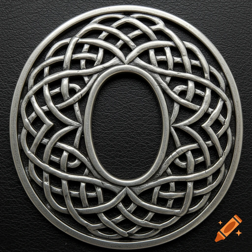Close-up of a round metal Celtic knot on a black textured surface.