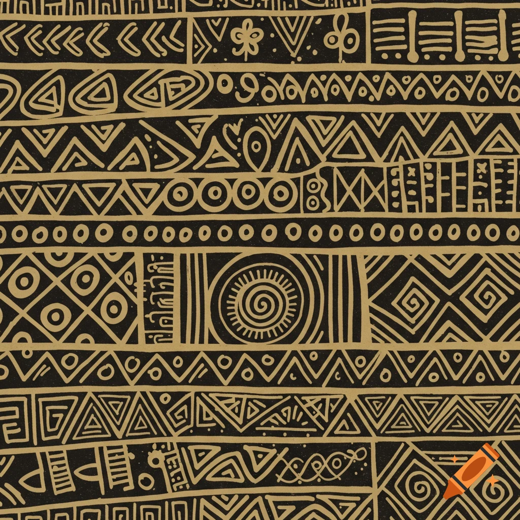Seamless African tribal pattern with black lines on beige background.
