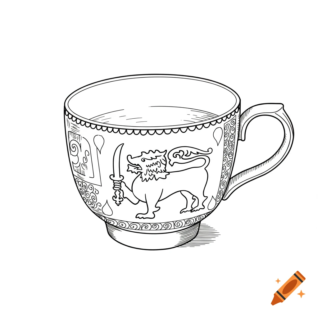 Black and white line drawing of a tea cup with a Sri Lankan lion design.