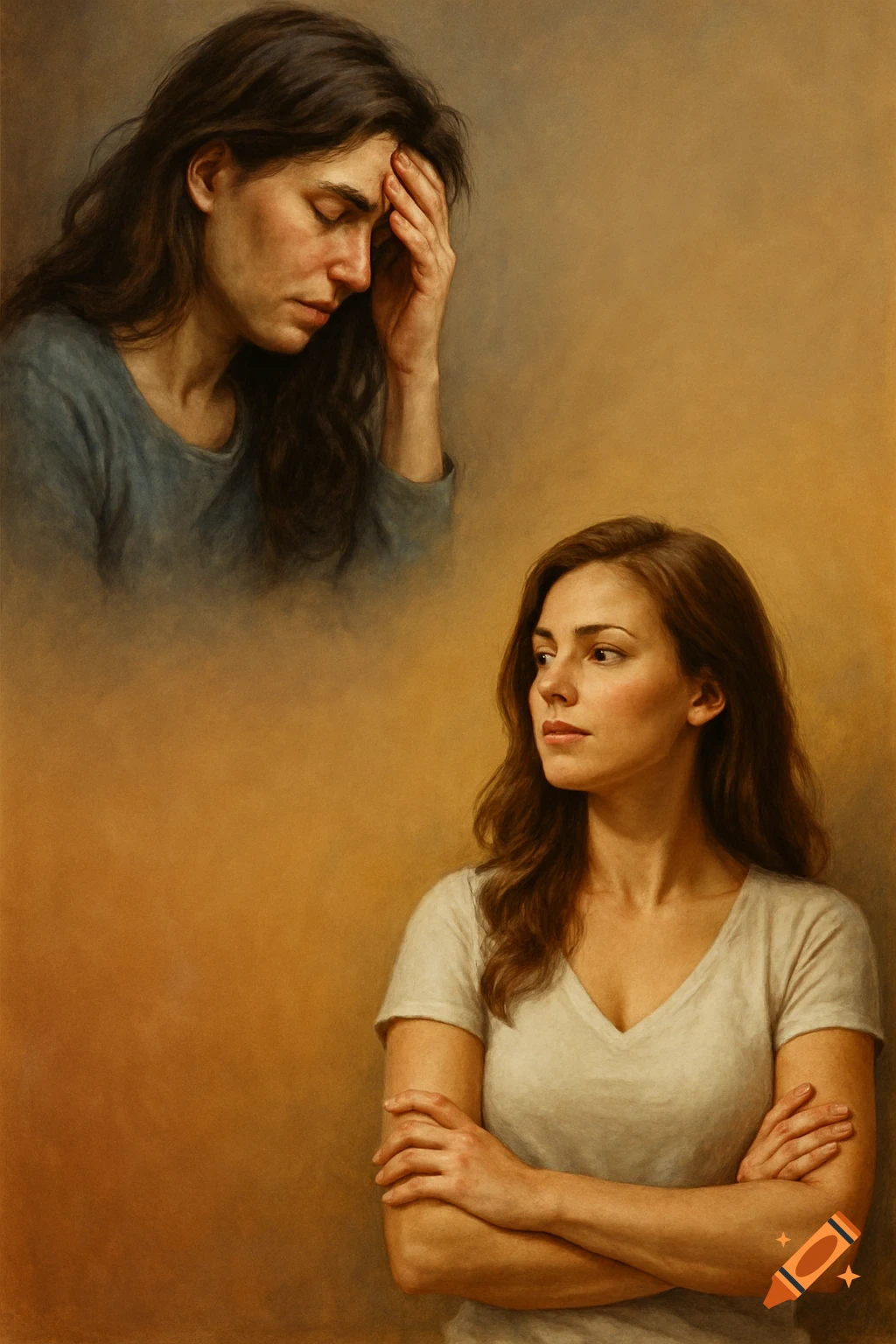 Painterly portrait of two women on a brown background, one looking down with a hand on her head, the other looking forward confidently.