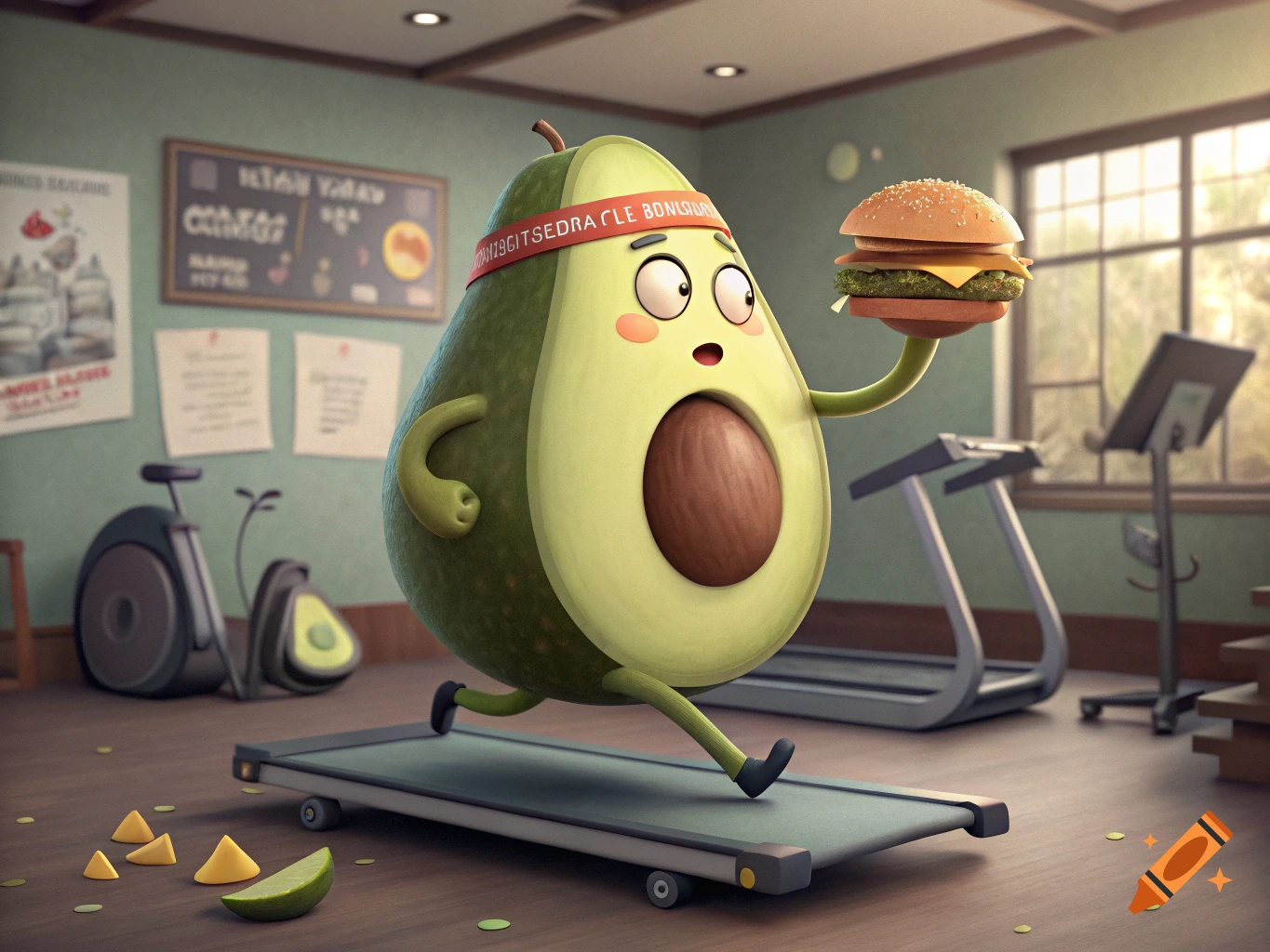 A surprised cartoon avocado wearing a headband runs on a treadmill in a gym while holding a hamburger.