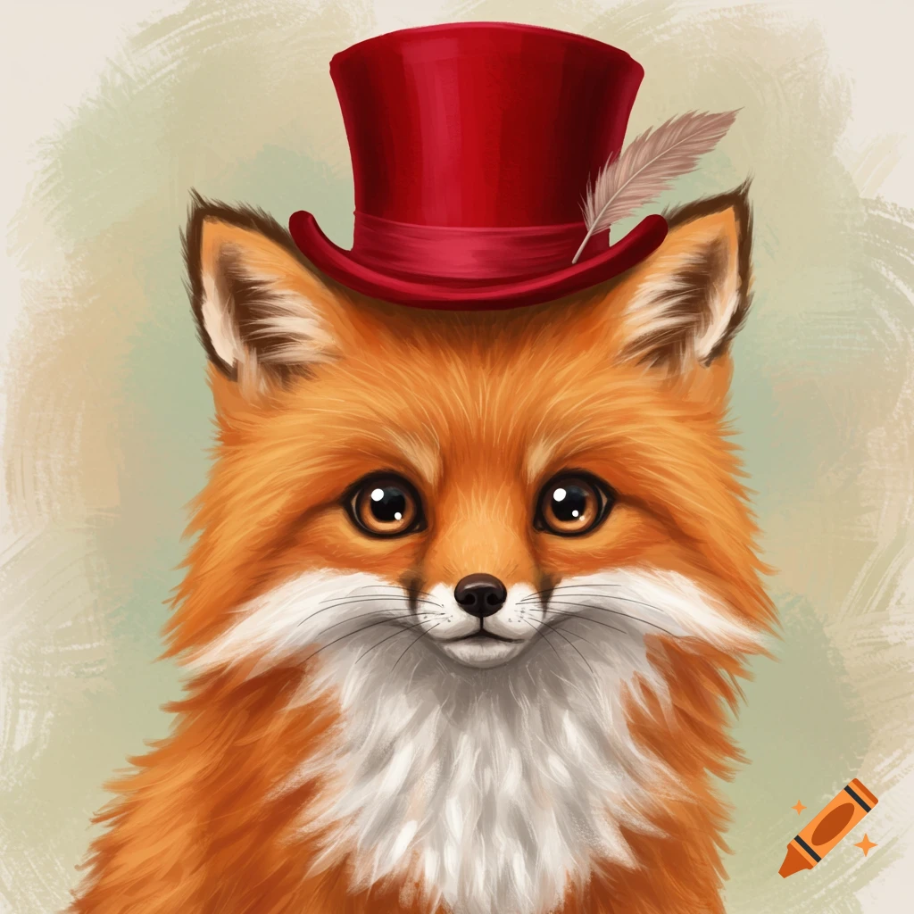 A cute illustrated fox wearing a red top hat with a feather.