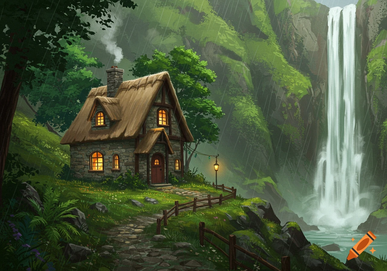 Illustrative painting of a stone cottage with a thatched roof by a waterfall in the rain.