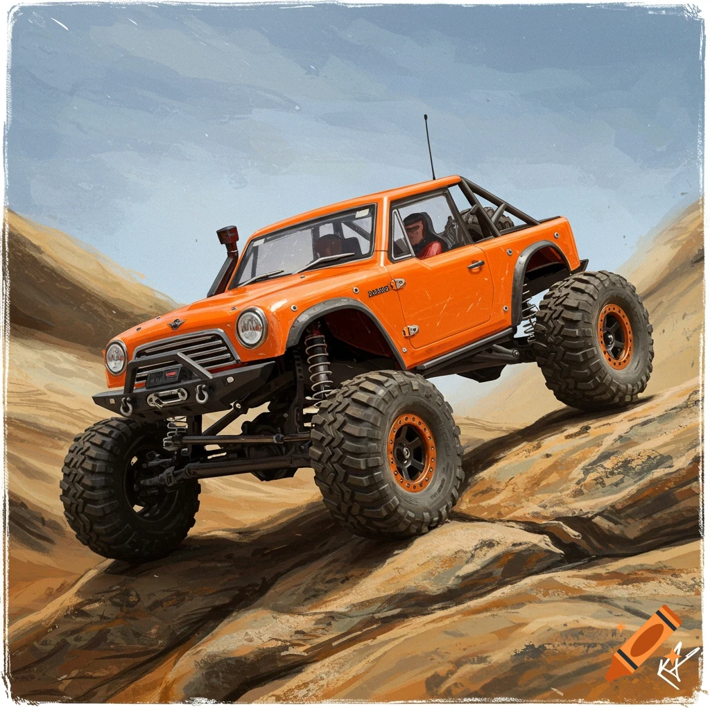 Orange rock crawler vehicle climbing rocky terrain, illustration style.
