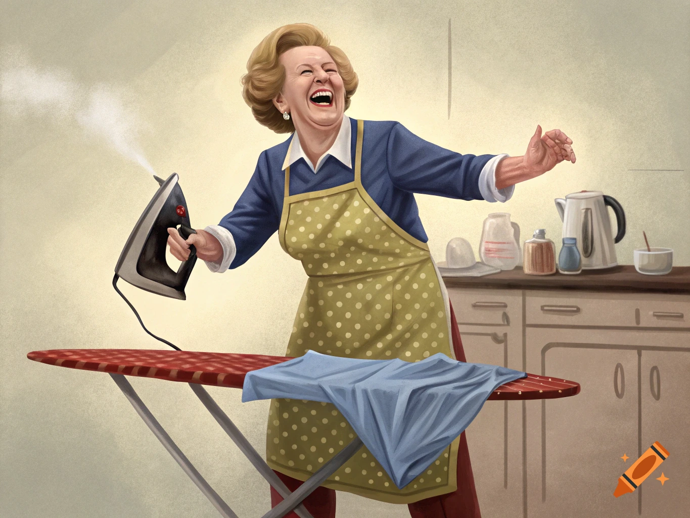 Illustration of Margaret Thatcher laughing maniacally while ironing in a kitchen.